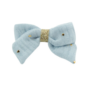 Barrette noeud double gaze bleu clair doré