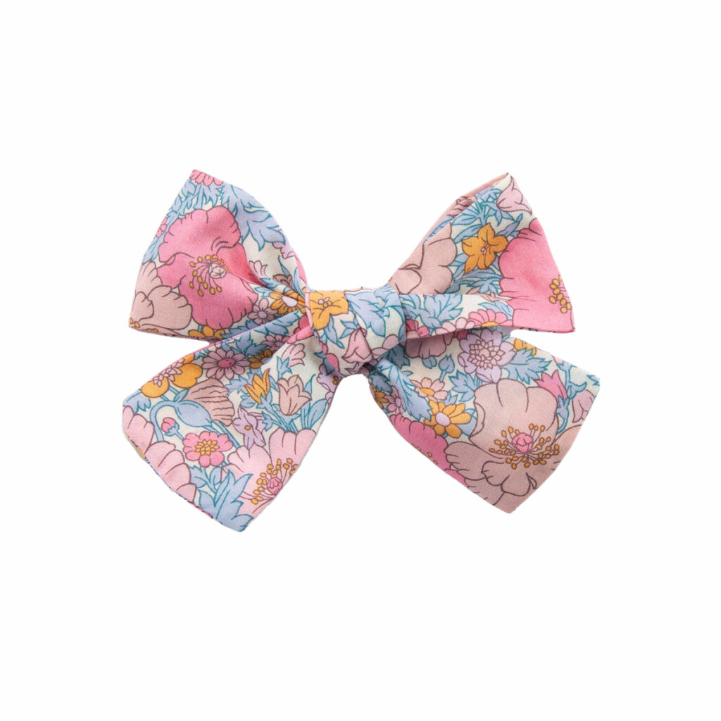 Barrette noeud anti glisse fille en Liberty Meadow song bleu rose