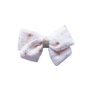 Barrette noeud double gaze crème fleurs étoilées