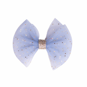 Barrette noeud tulle bleu clair pois or