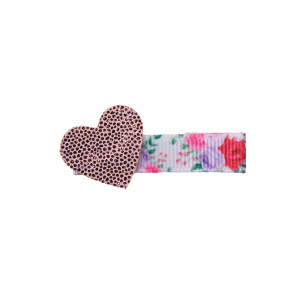 Barrette coeur rose sur ruban fleuri